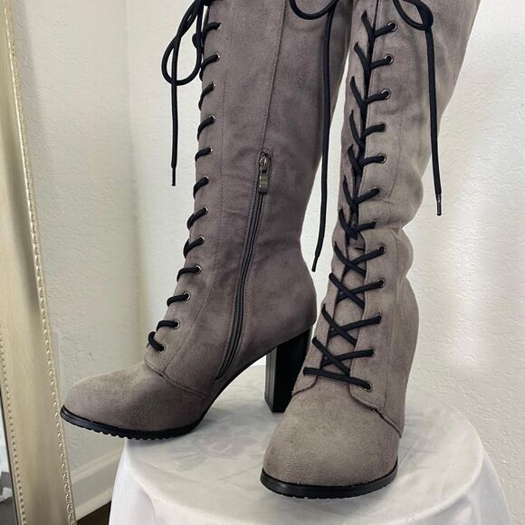 Witchy Whimsygoth Faux Suede Dark Light Gray Lace Up High Heel Boots US 9.5 - Picture 2 of 8